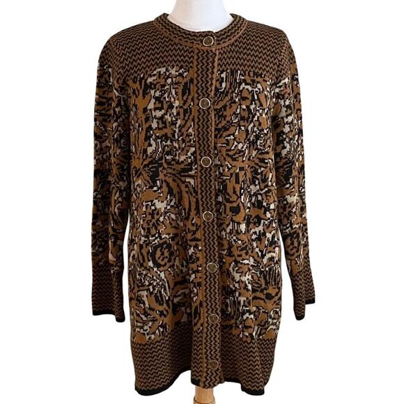 Liz Claiborne Brown/Tan Alpaca Blend Long Crew Neck Cardigan Sweater, Size L - Picture 1 of 12